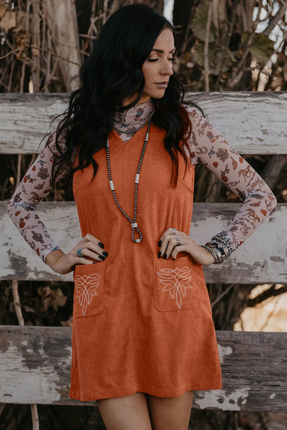 Corduroy Embroidered Pocket Shift Mini Dress