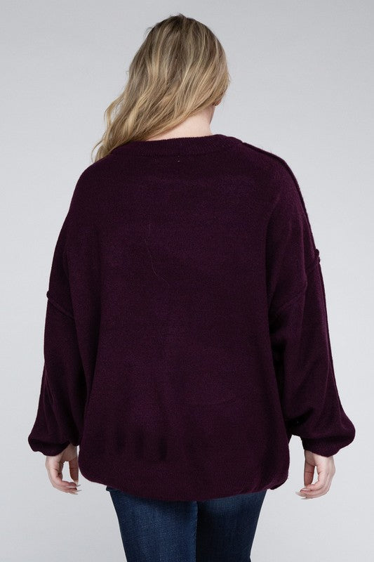 Oversized Round Neck Raw Seam Melange Sweater PLUS