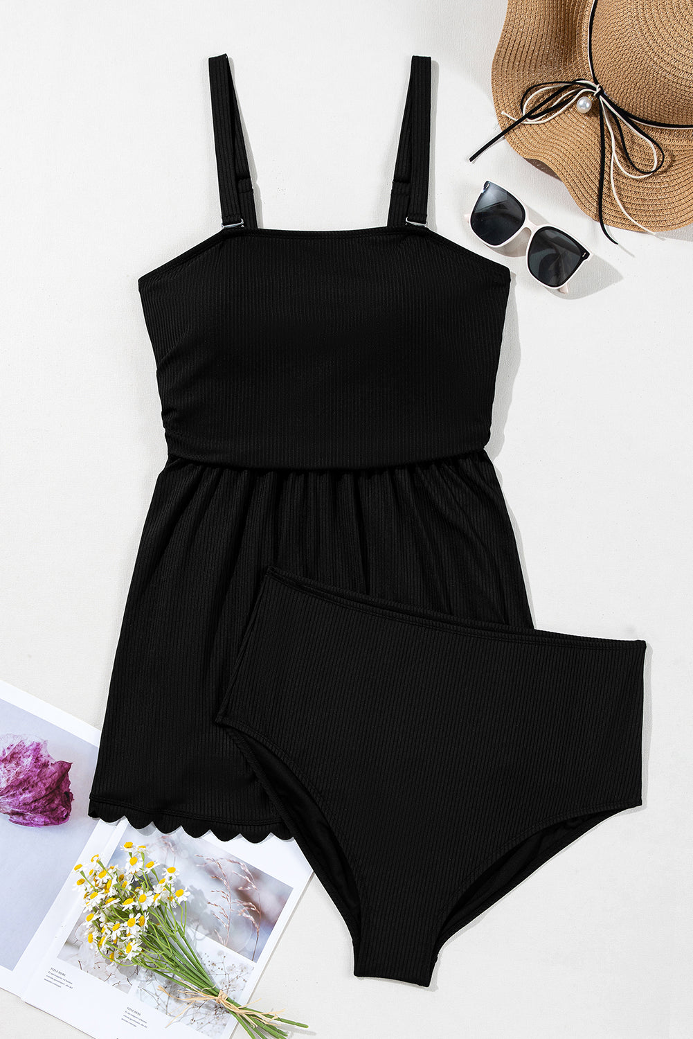 Black Plus Size Textured Scalloped Trim Swim Dress with Panty