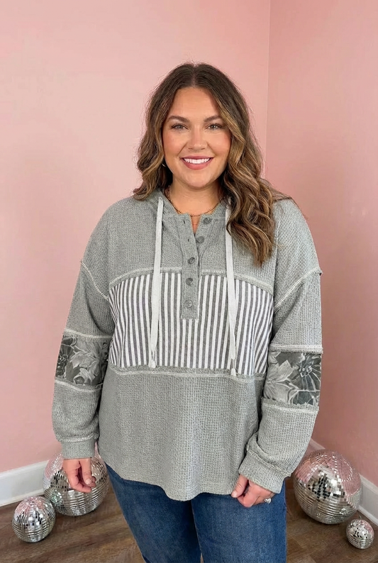 Gray Mixed Pattern Waffle Knit Patchwork Half Buttons Plus Hooded Top