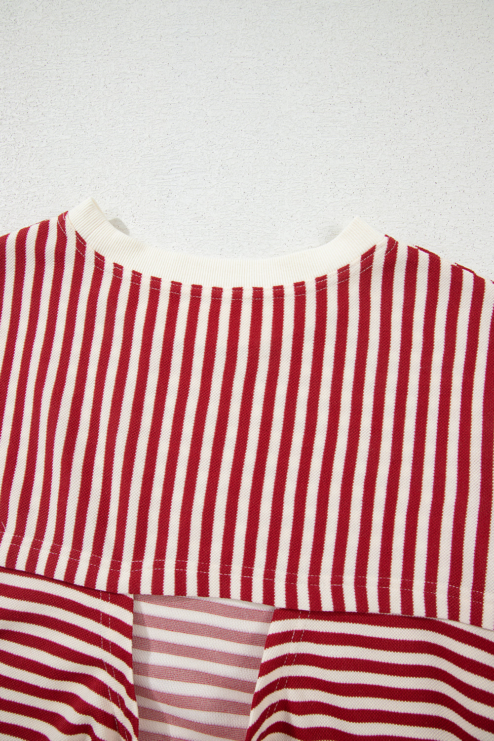 Red Stripe Bowknot Cutout Back Drop Shoulder Wide Bracelet Sleeve Loose Tee