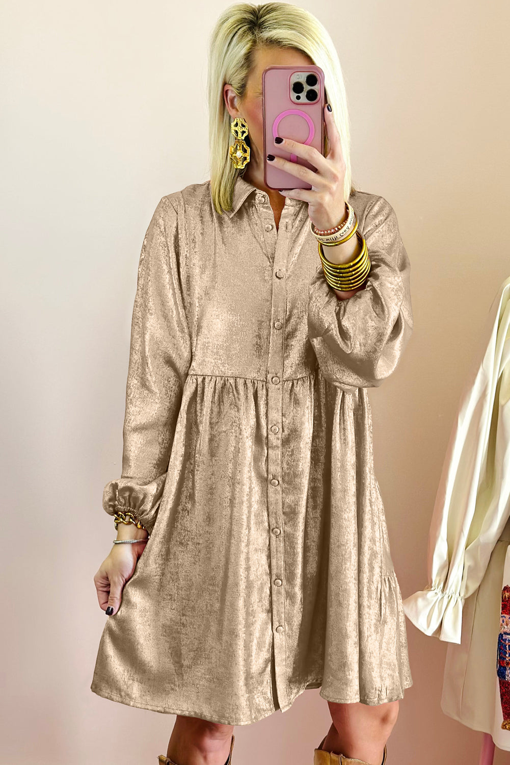 Metallic Sheen Puff Sleeve Mini Shirt Dress Gold