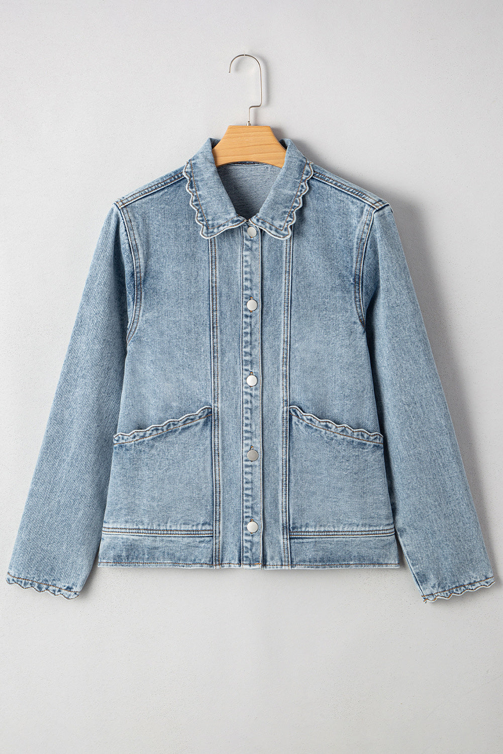 Myosotis Scallop Trim Collar Patched Pocket Button Up Denim Jacket