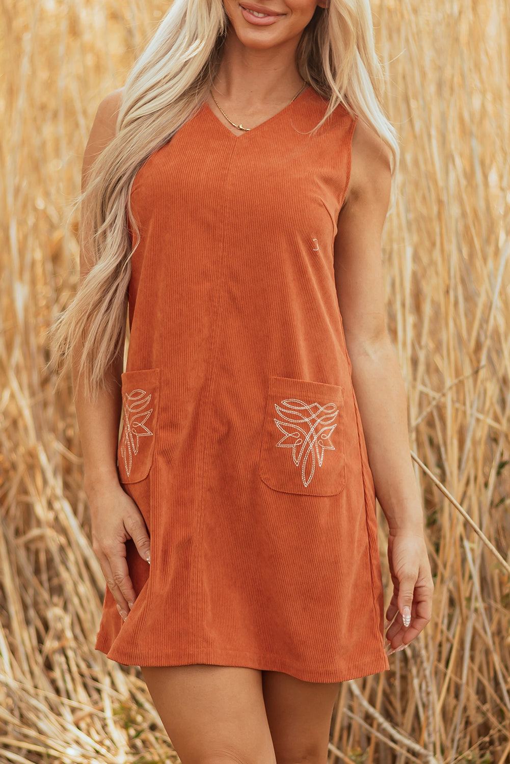 Corduroy Embroidered Pocket Shift Mini Dress