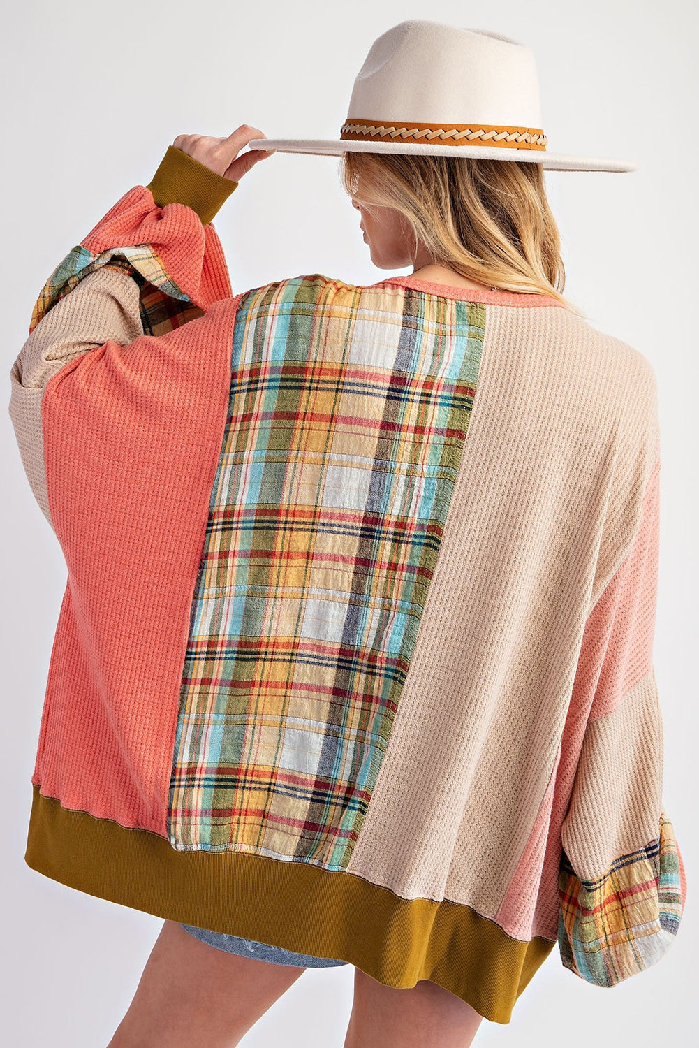Multicolor Waffle Knit Plaid Patchwork Side Slits Loose Sweatshirt