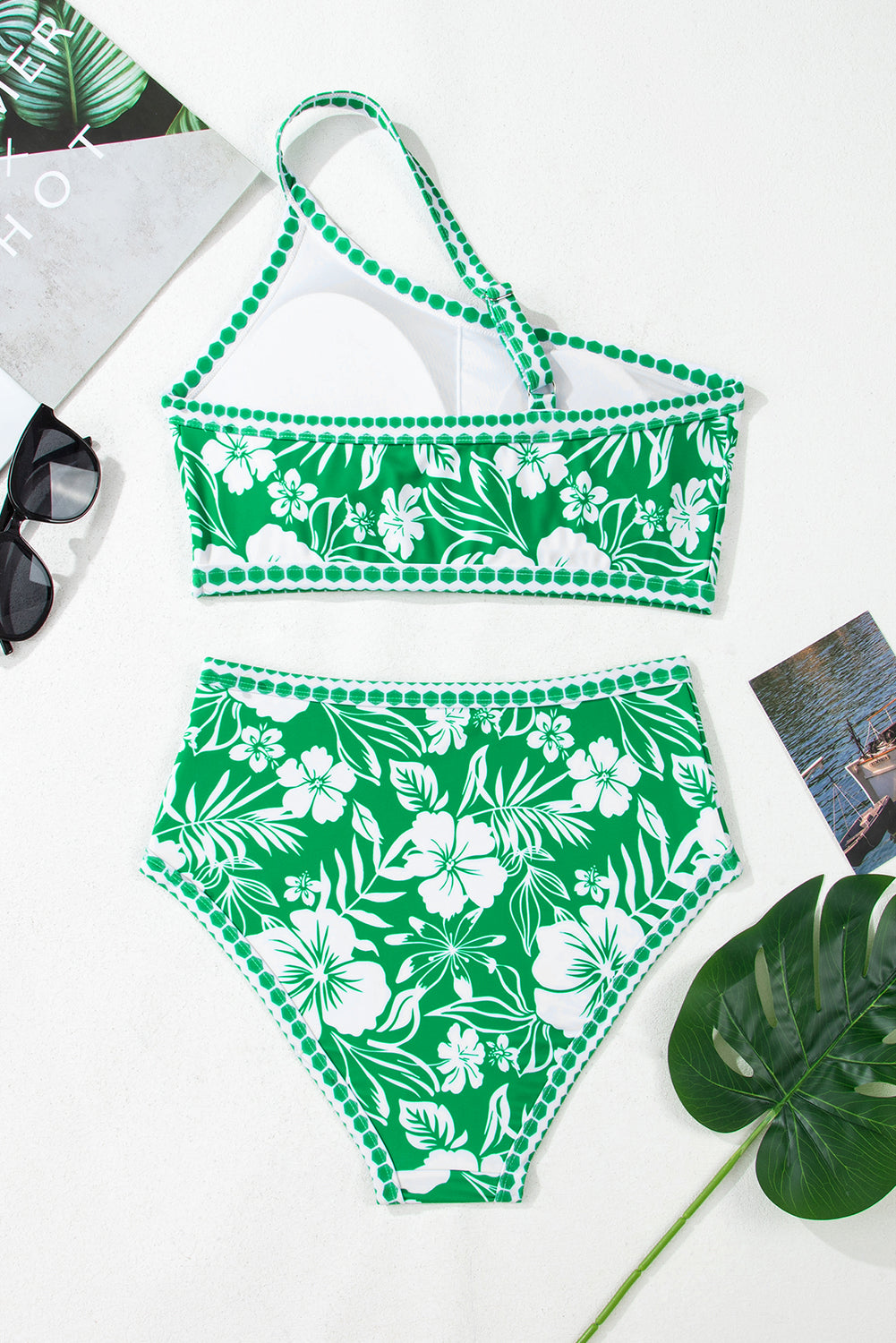 Green Floral Print One Shoulder High Waist Bikini Set