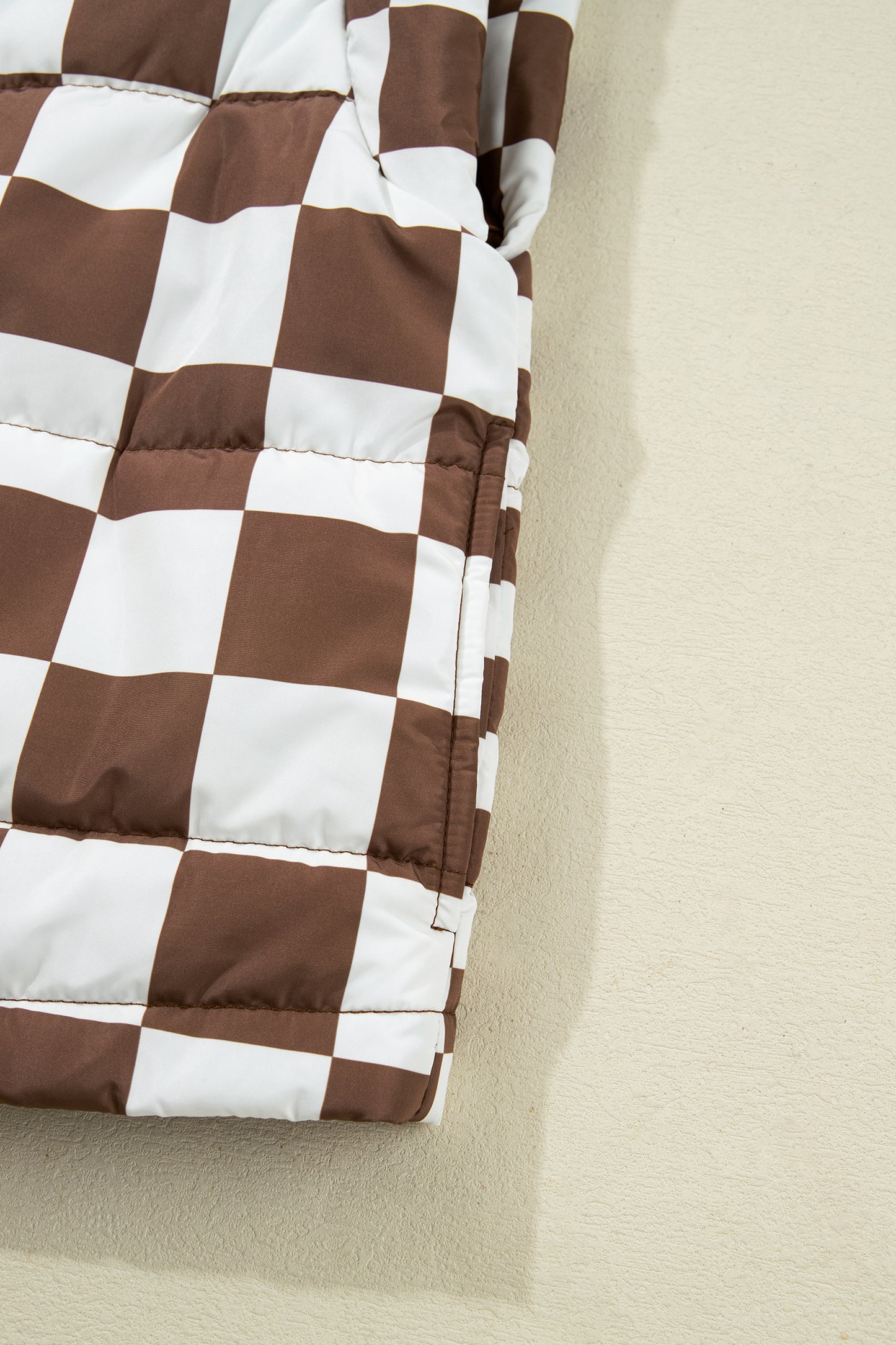 Brown Double Checked Stand Collar Cropped Puffer Vest