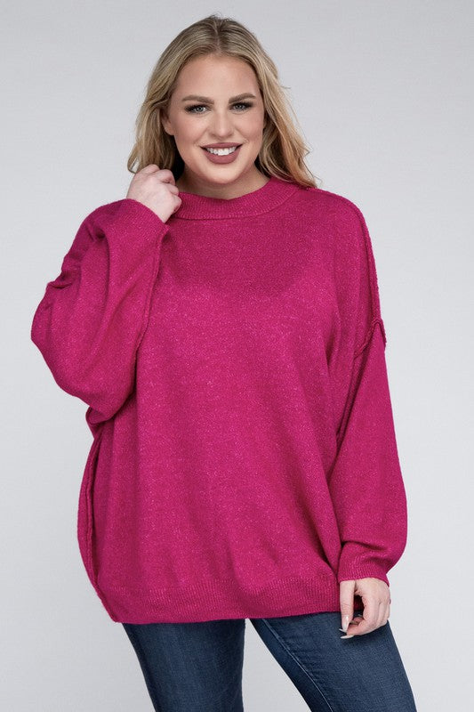 Oversized Round Neck Raw Seam Melange Sweater PLUS