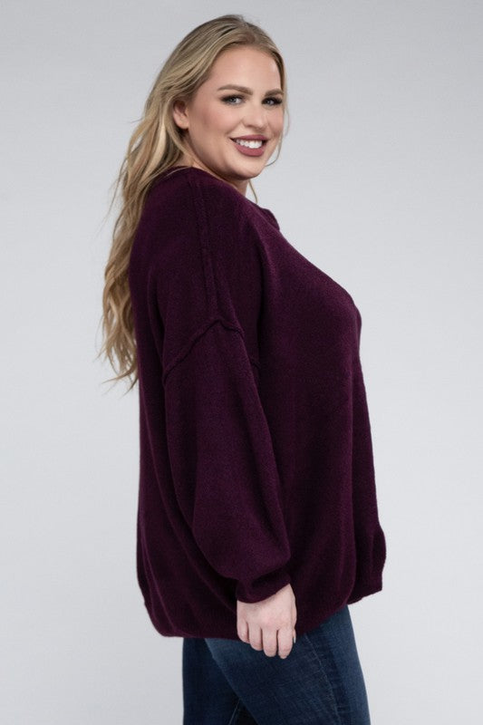 Oversized Round Neck Raw Seam Melange Sweater PLUS