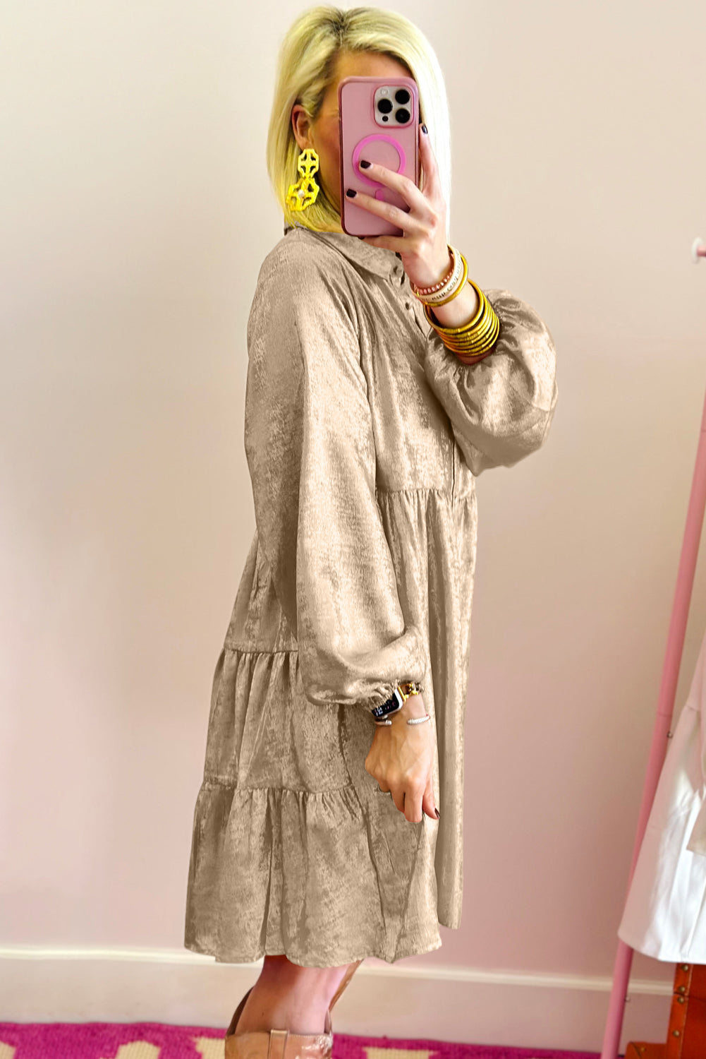 Metallic Sheen Puff Sleeve Mini Shirt Dress Gold