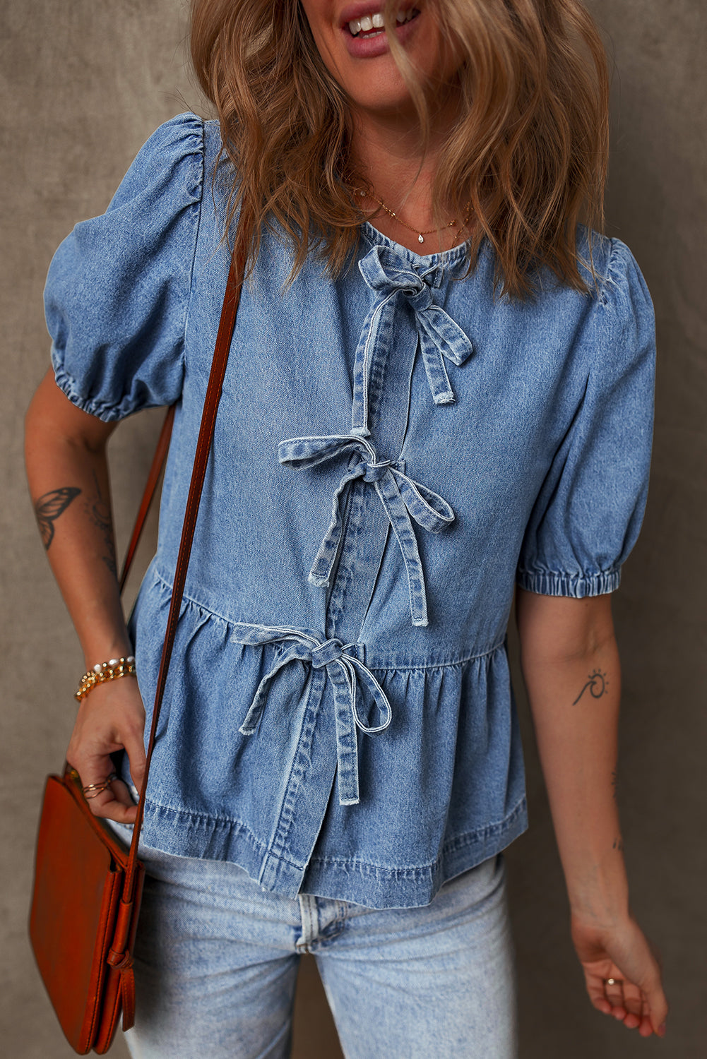 Tie Front Bubble Sleeve Denim Shirt