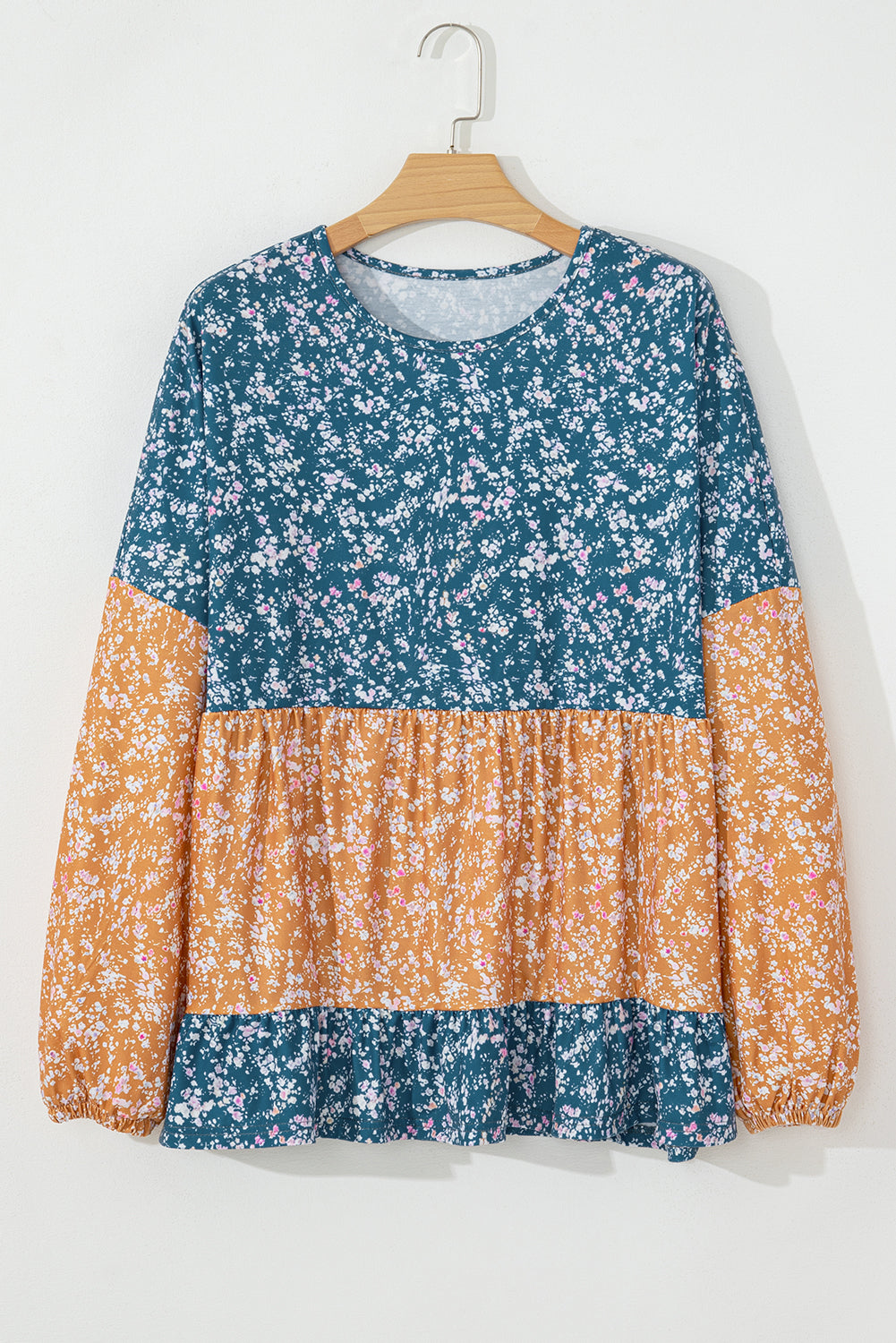 Orange Floral Color Block Patchwork Ruffled Hem Round Neck Blouse
