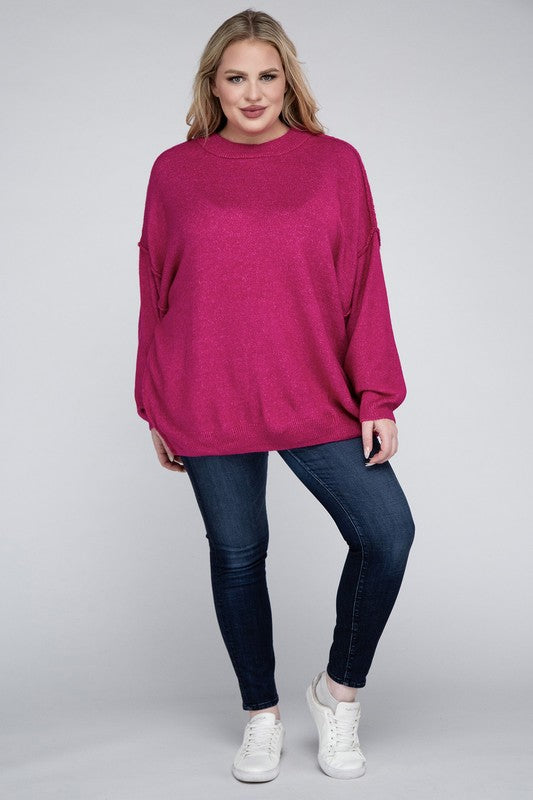 Oversized Round Neck Raw Seam Melange Sweater PLUS