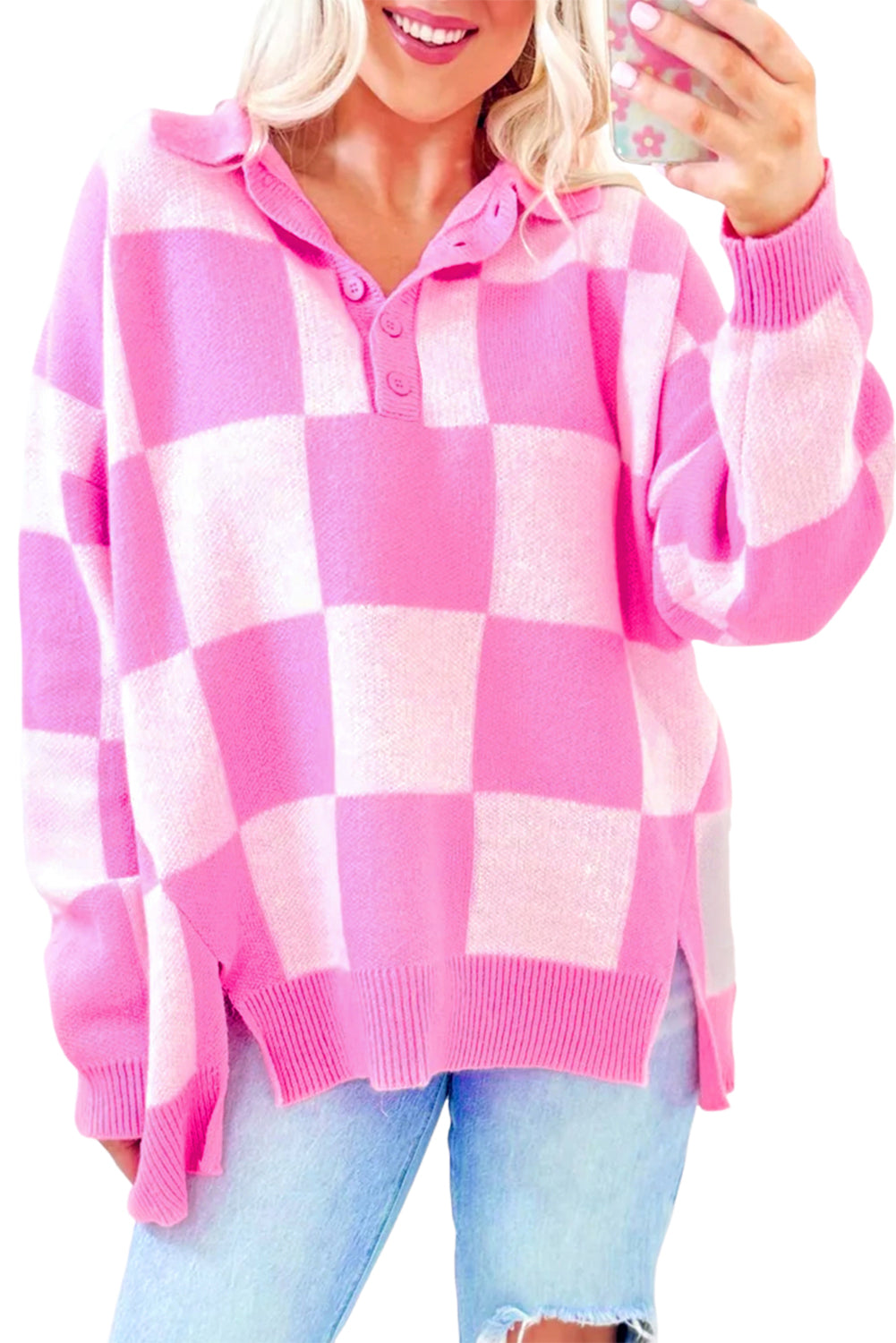 Pink Checkered Half Button Sweater