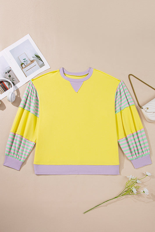 Yellow Striped Colorblock Plus Size Pullover Sweatshirt