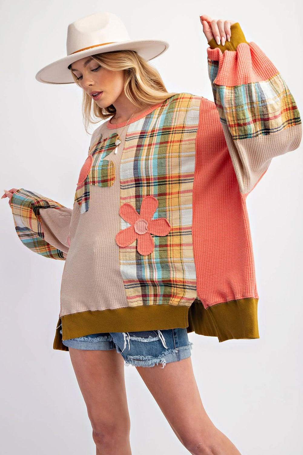 Multicolor Waffle Knit Plaid Patchwork Side Slits Loose Sweatshirt