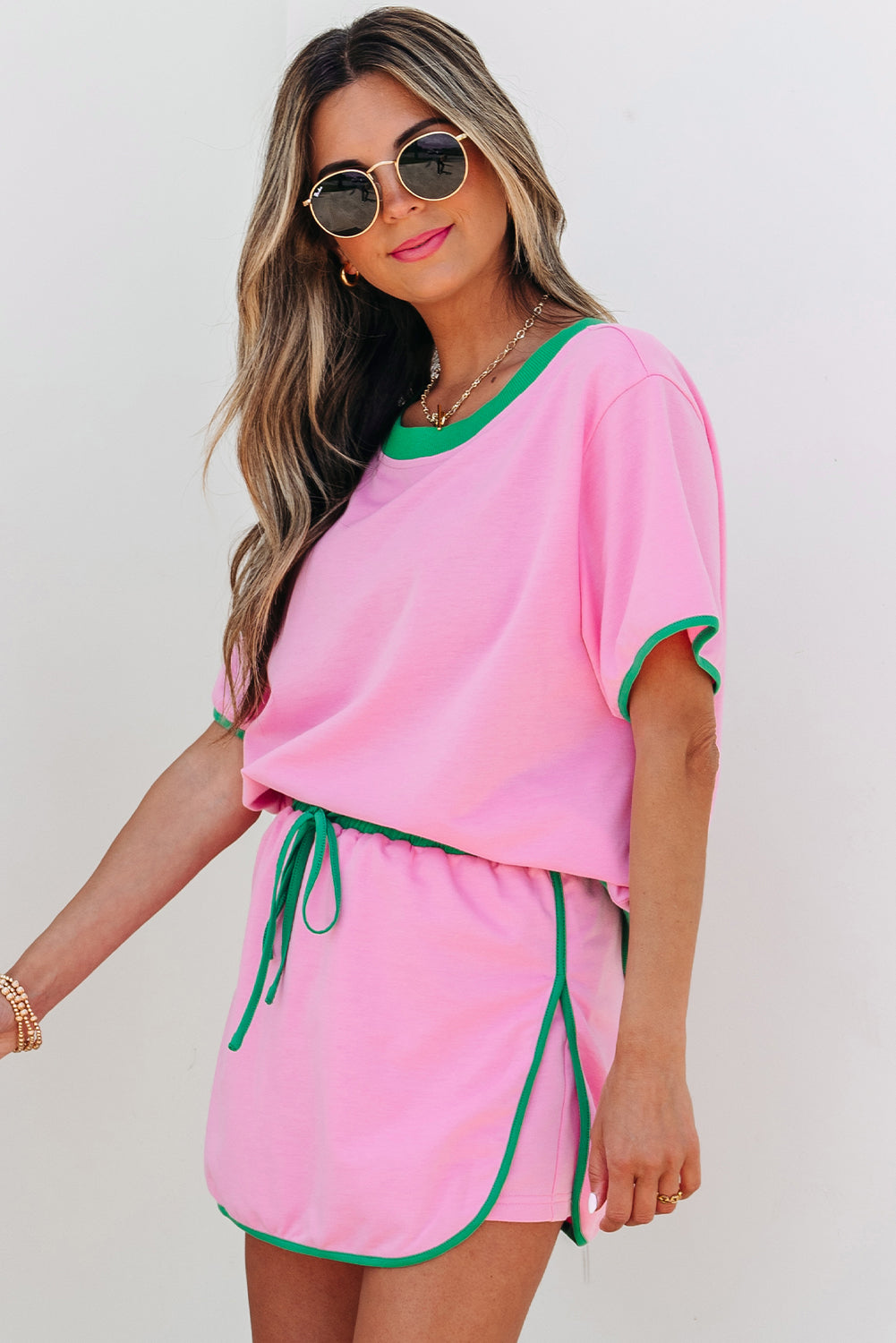 Bonbon Colorblock Edge Drop Shoulder T Shirt and Skort 2Pcs Set