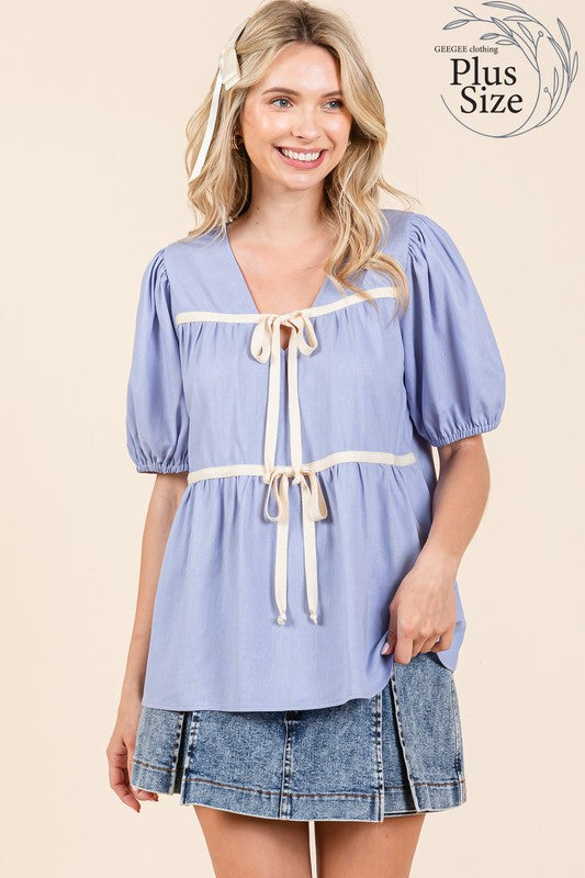GeeGee Piping Detail Babydoll Top PLUS