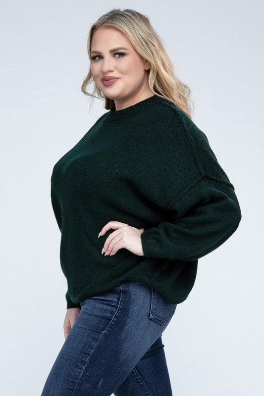 Oversized Round Neck Raw Seam Melange Sweater PLUS