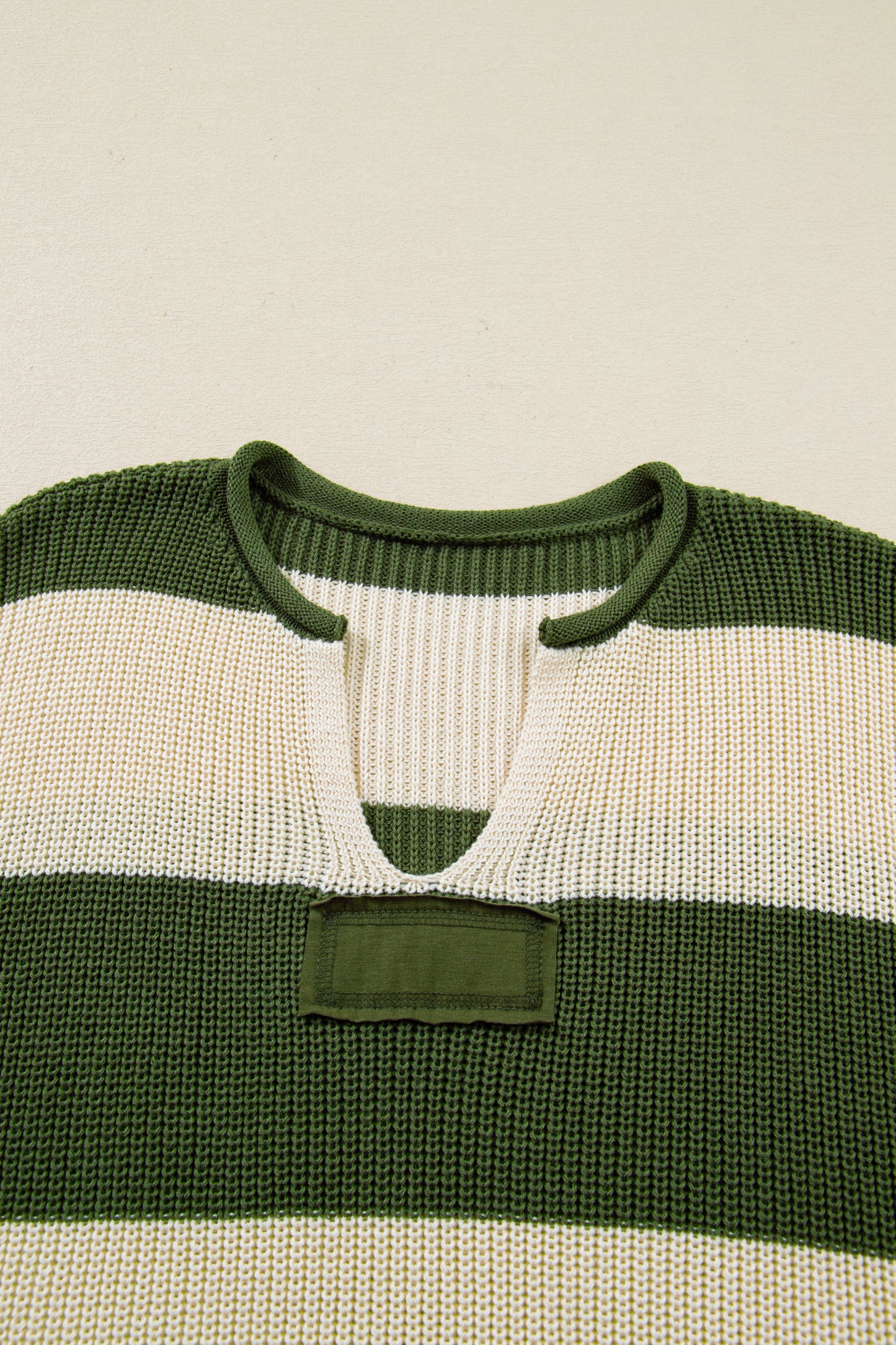 Green Stripe Colorblock Notched Neck Plus Size Sweater