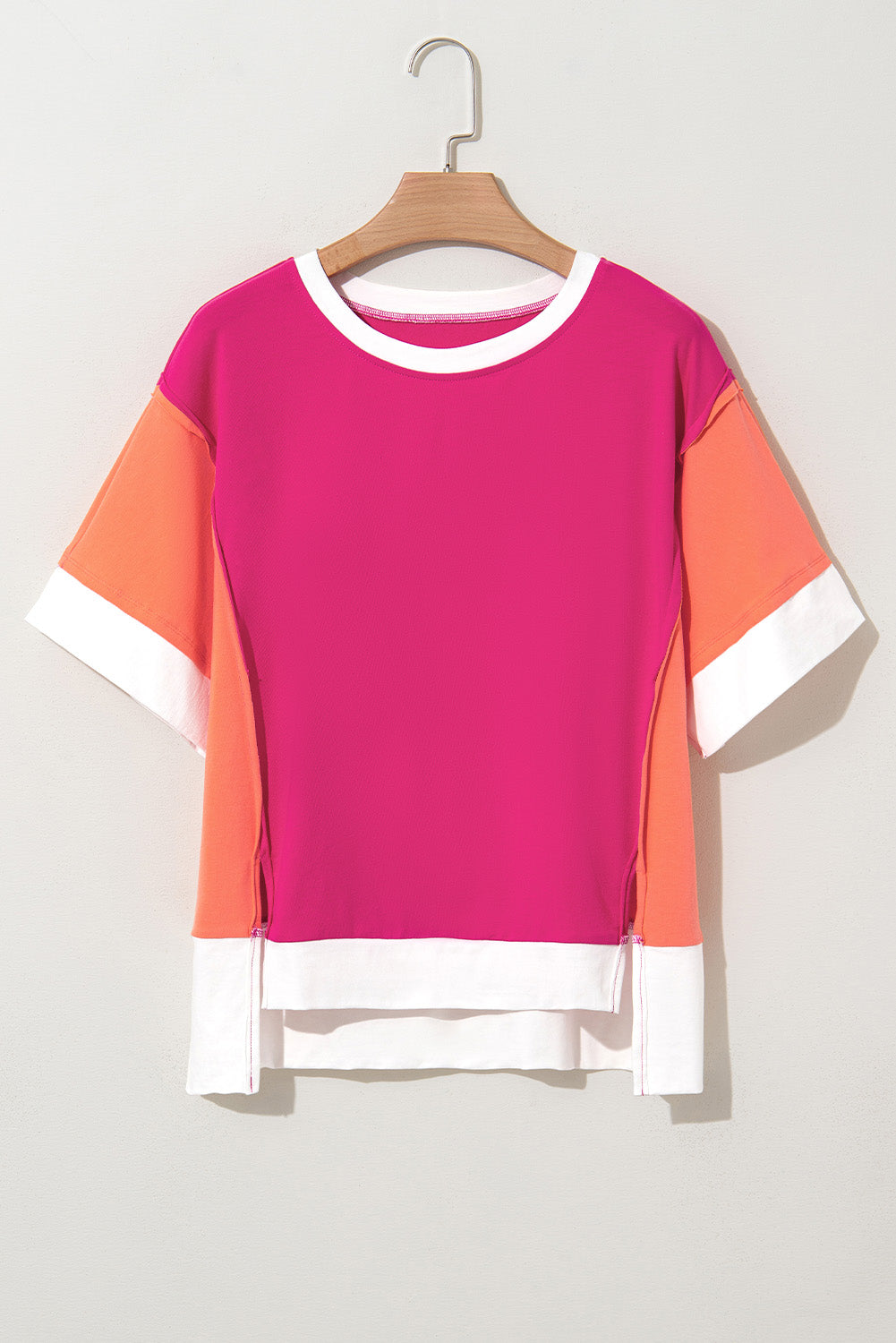 Rose Red Color Block Patchwork Side Slits Loose Fit T Shirt