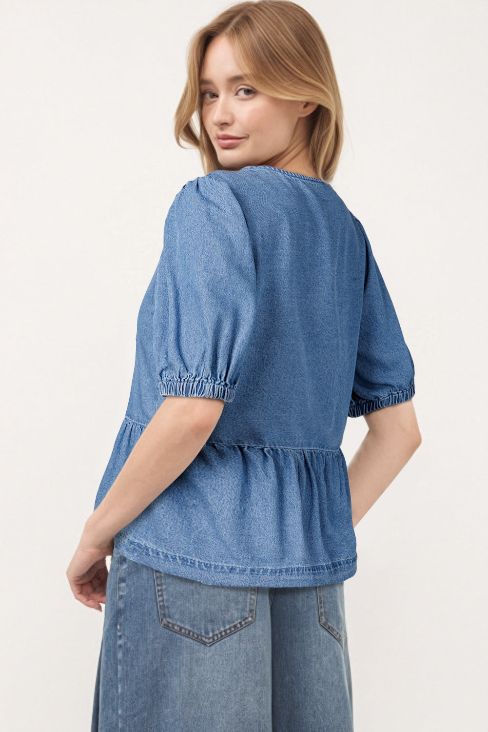 Tie Front Bubble Sleeve Denim Shirt