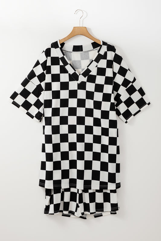 Black Checkered Pattern Tee and Shorts PLUS Size Two Piece Set
