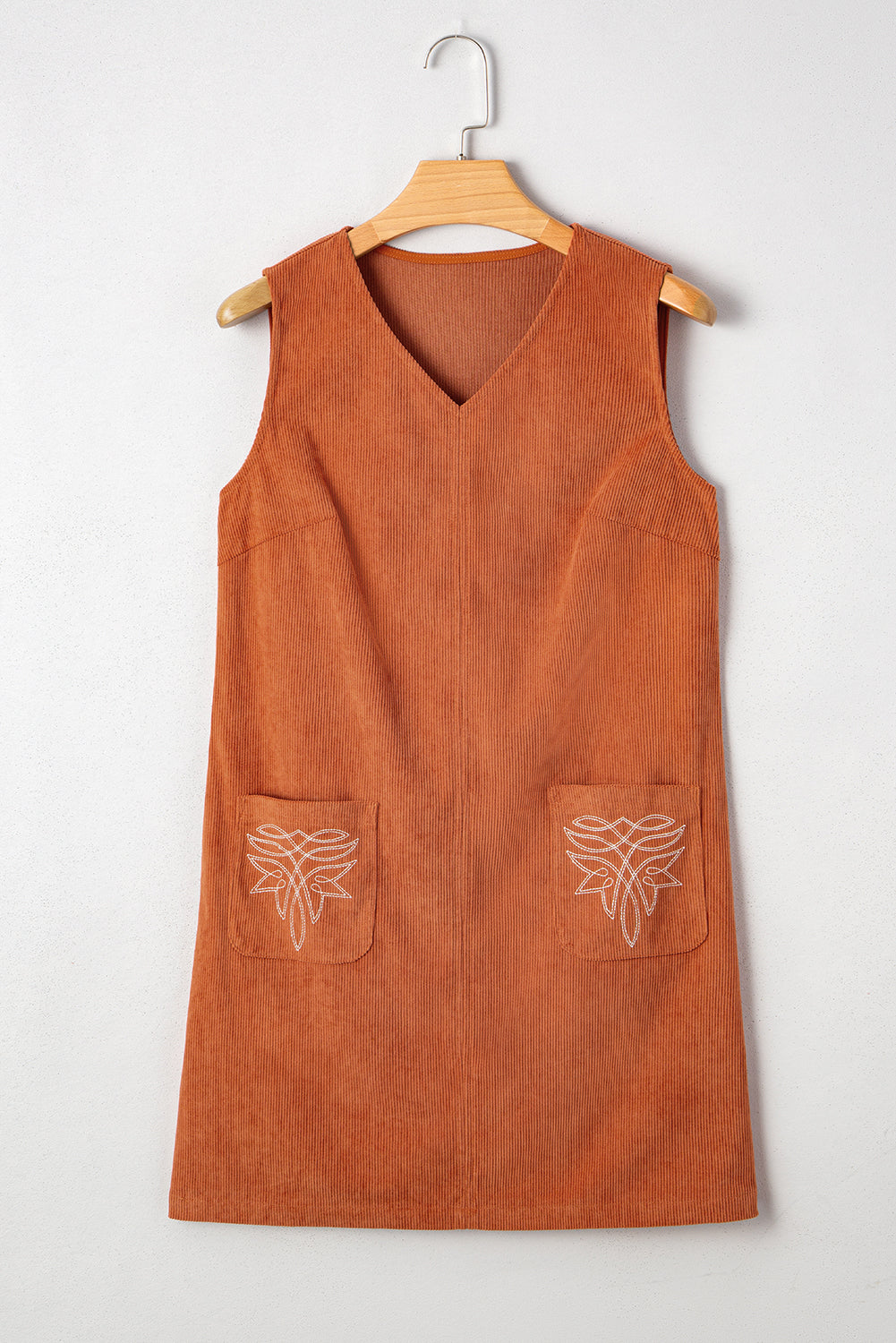 Corduroy Embroidered Pocket Shift Mini Dress