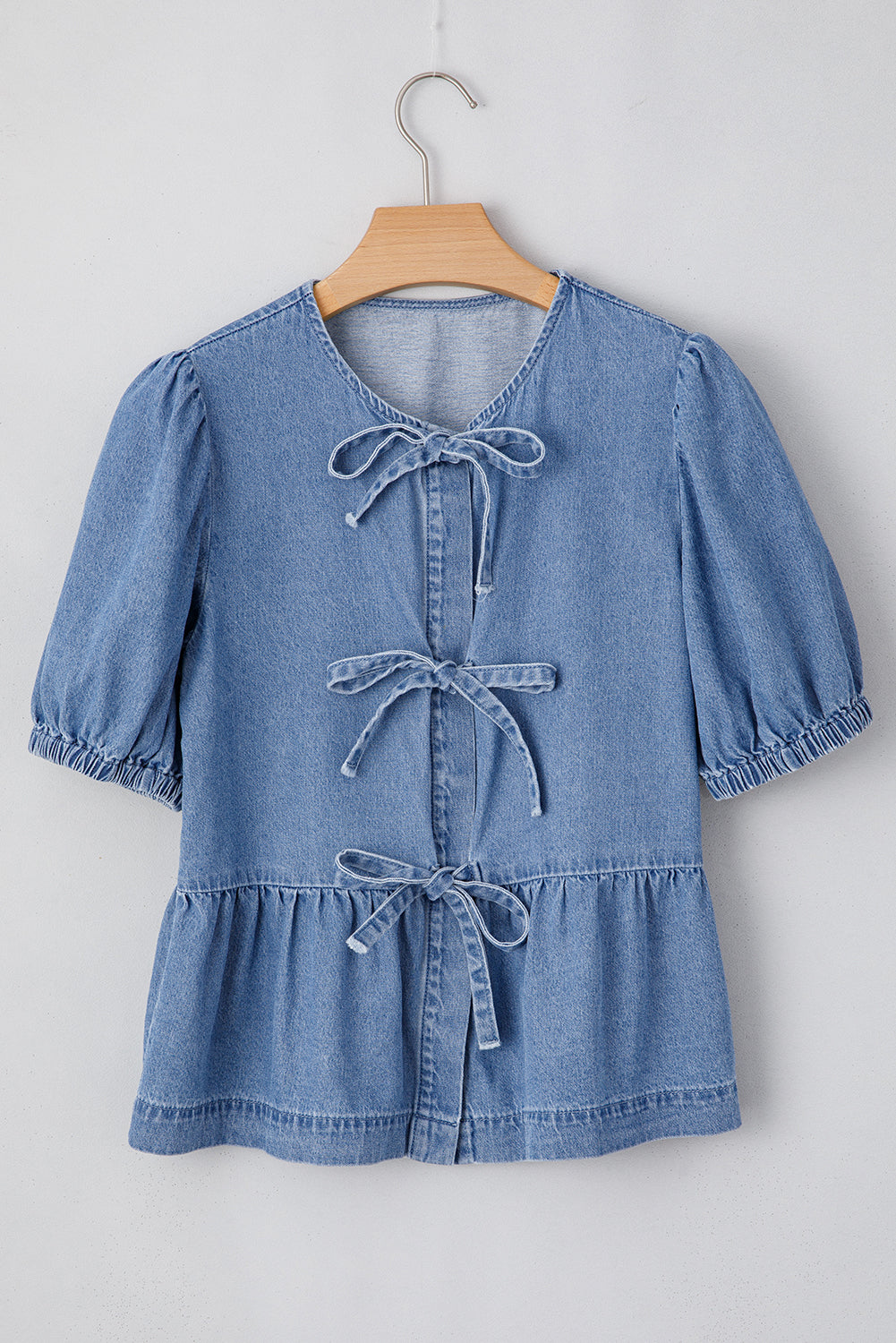 Tie Front Bubble Sleeve Denim Shirt