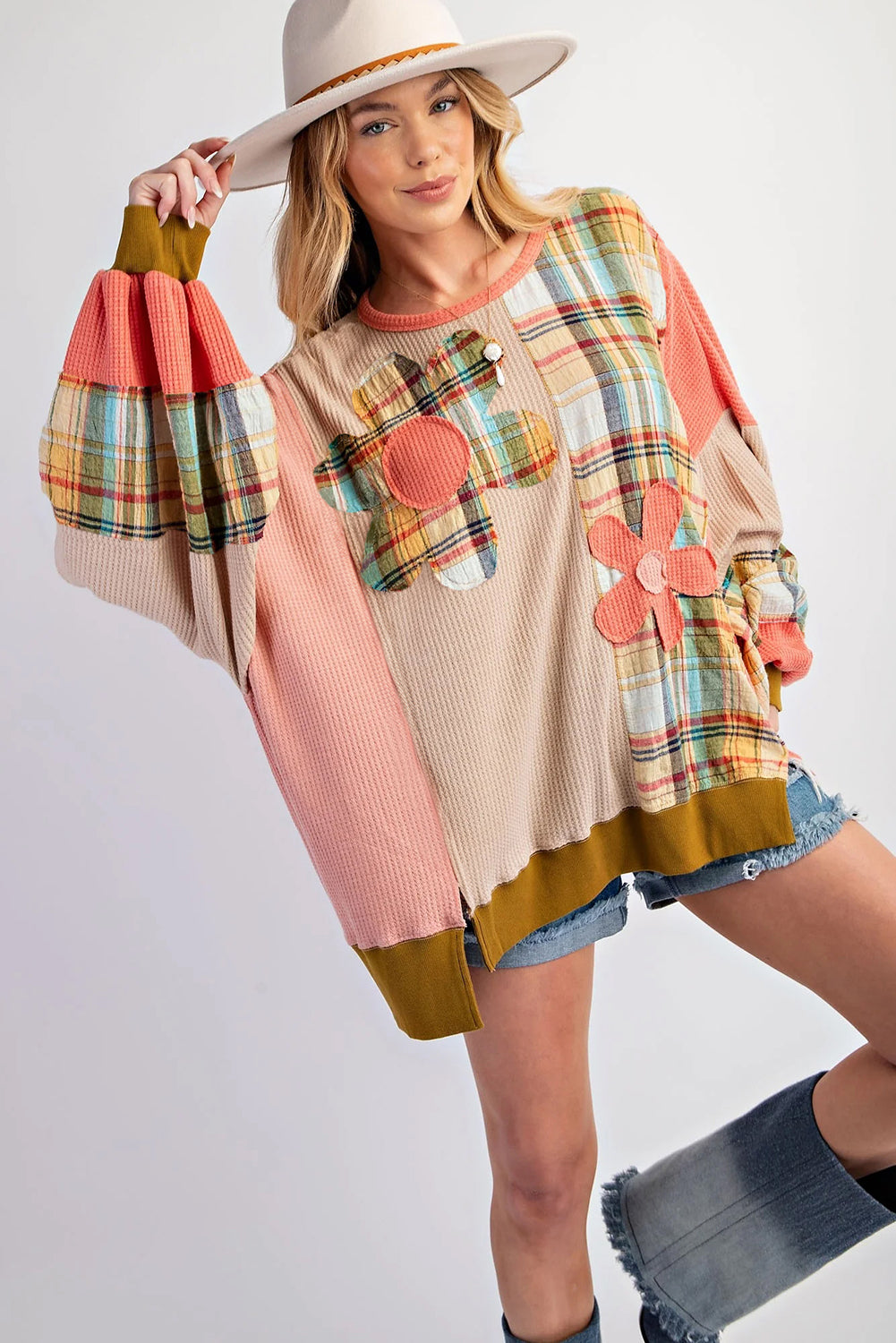 Multicolor Waffle Knit Plaid Patchwork Side Slits Loose Sweatshirt