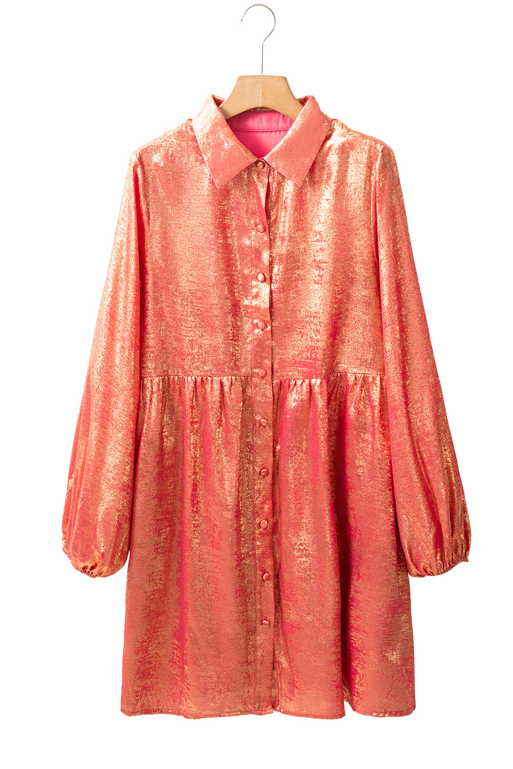 Metallic Sheen Puff Sleeve Mini Shirt Dress Peach
