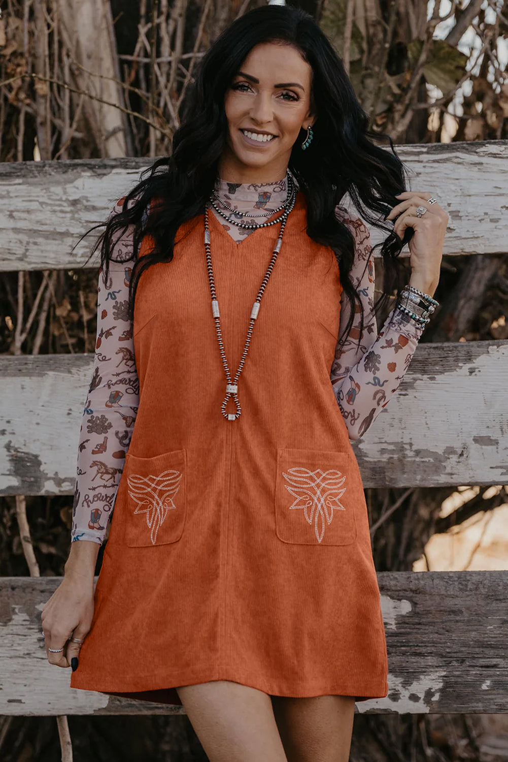 Corduroy Embroidered Pocket Shift Mini Dress