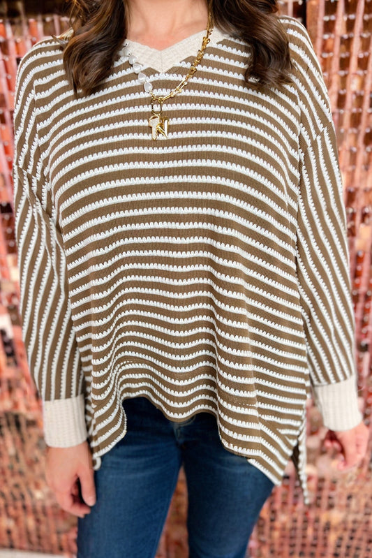 Khaki Stripe Textured Dolman Sleeve High Low Plus Size Top