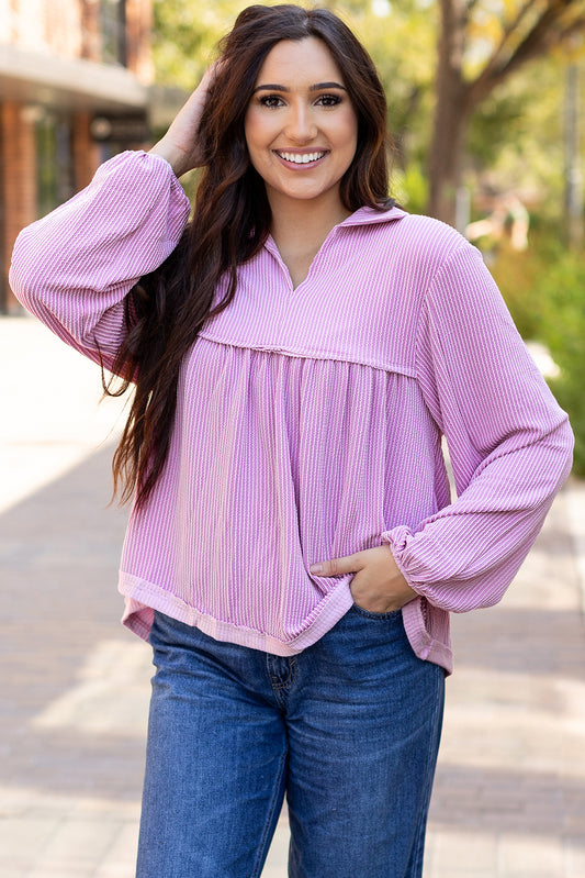 Corded V Neck Bubble Sleeve Babydoll Blouse