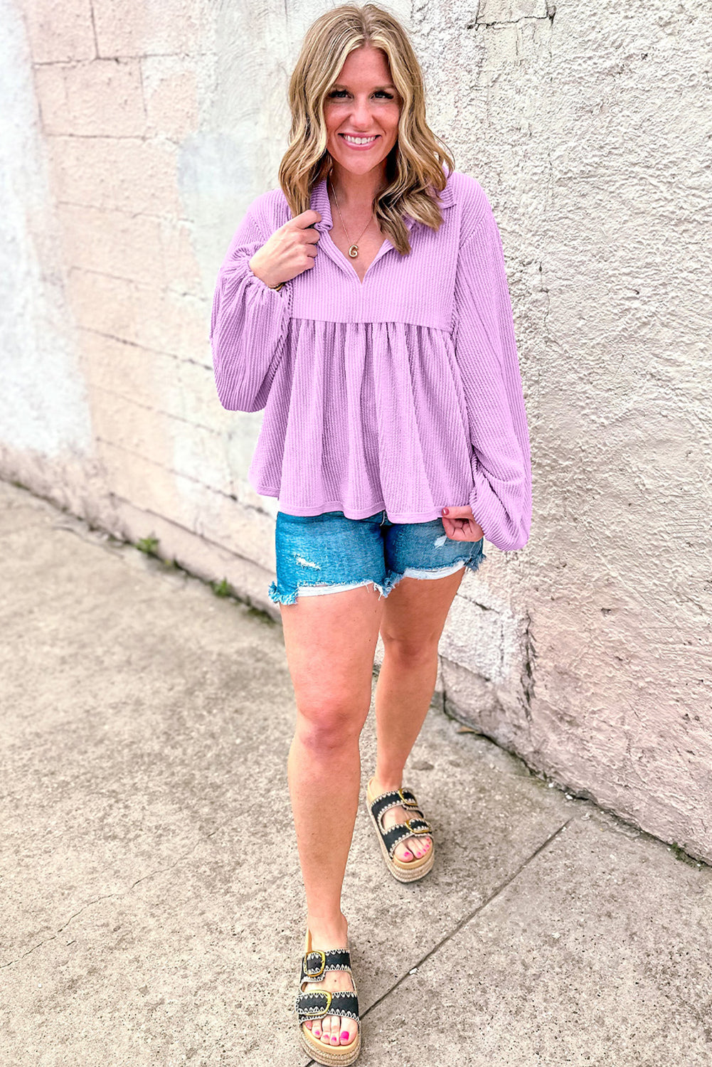 Corded V Neck Bubble Sleeve Babydoll Blouse