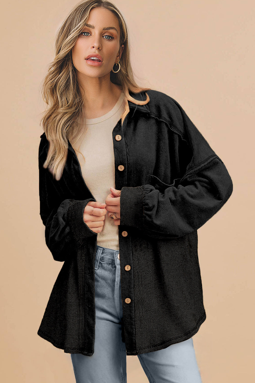 Medium Grey Waffle Knit Patchwork Exposed Seam Loose Shacket