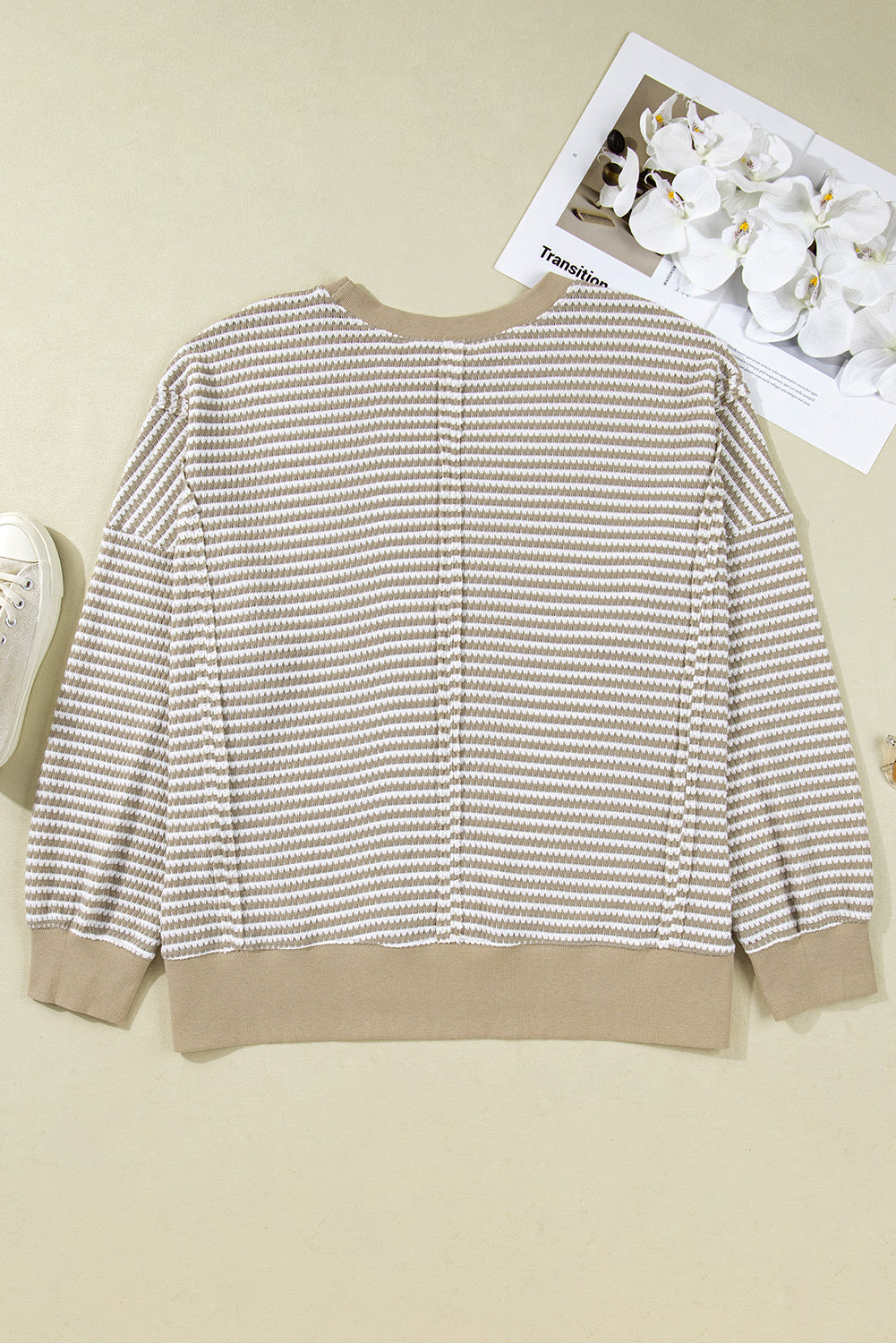 Brown Stripe Plus Size Breathable Knit Ribbed Trim Long Sleeve Top