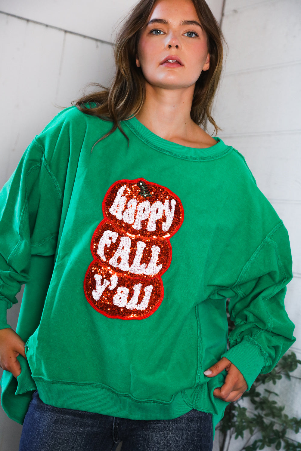 'Happy Fall Y'all' Kelly Green Sweater