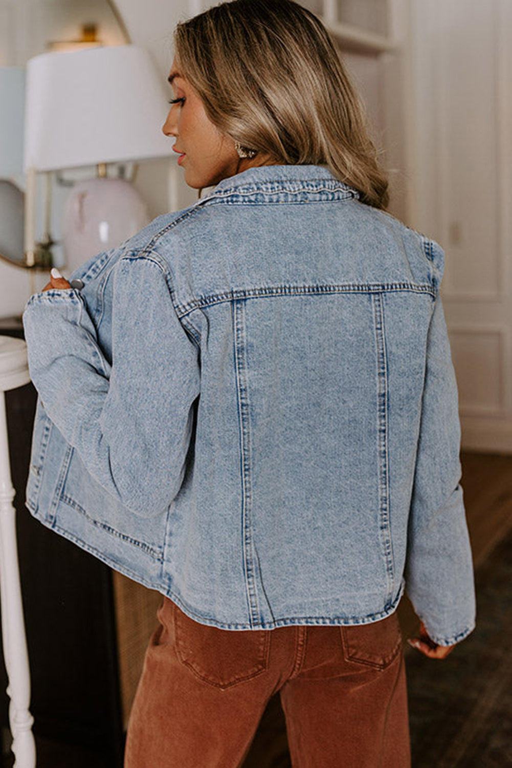Myosotis Scallop Trim Collar Patched Pocket Button Up Denim Jacket