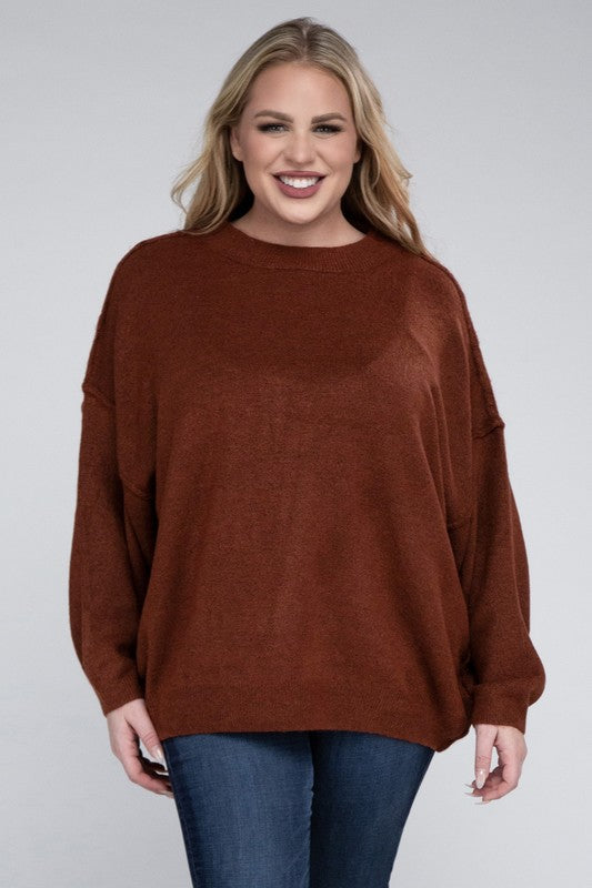 Oversized Round Neck Raw Seam Melange Sweater PLUS