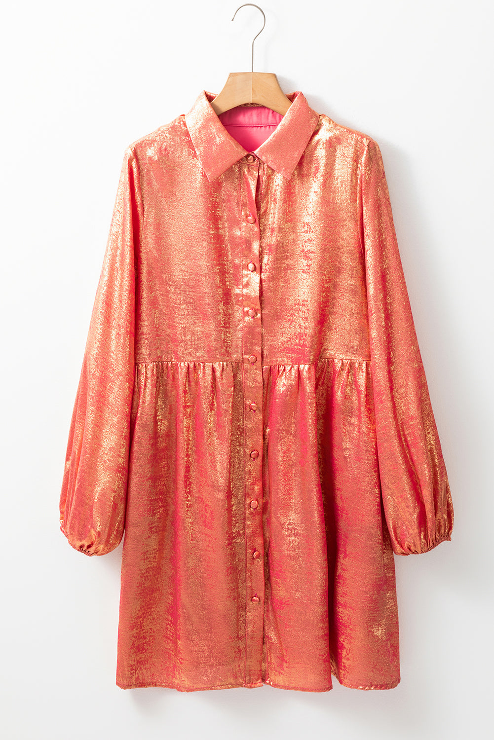 Metallic Sheen Puff Sleeve Mini Shirt Dress Peach
