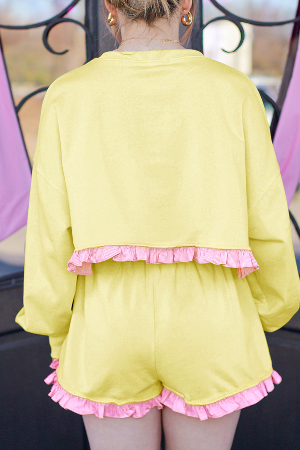 Yellow Contrast Plaid Ruffle Patchwork Pullover Top and Shorts Plus Size Set