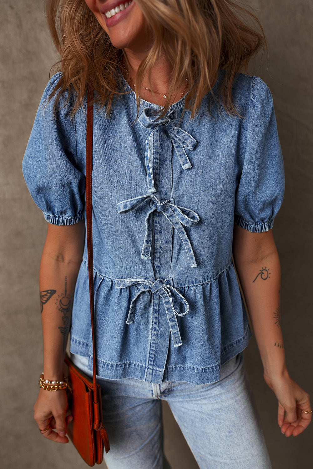 Tie Front Bubble Sleeve Denim Shirt