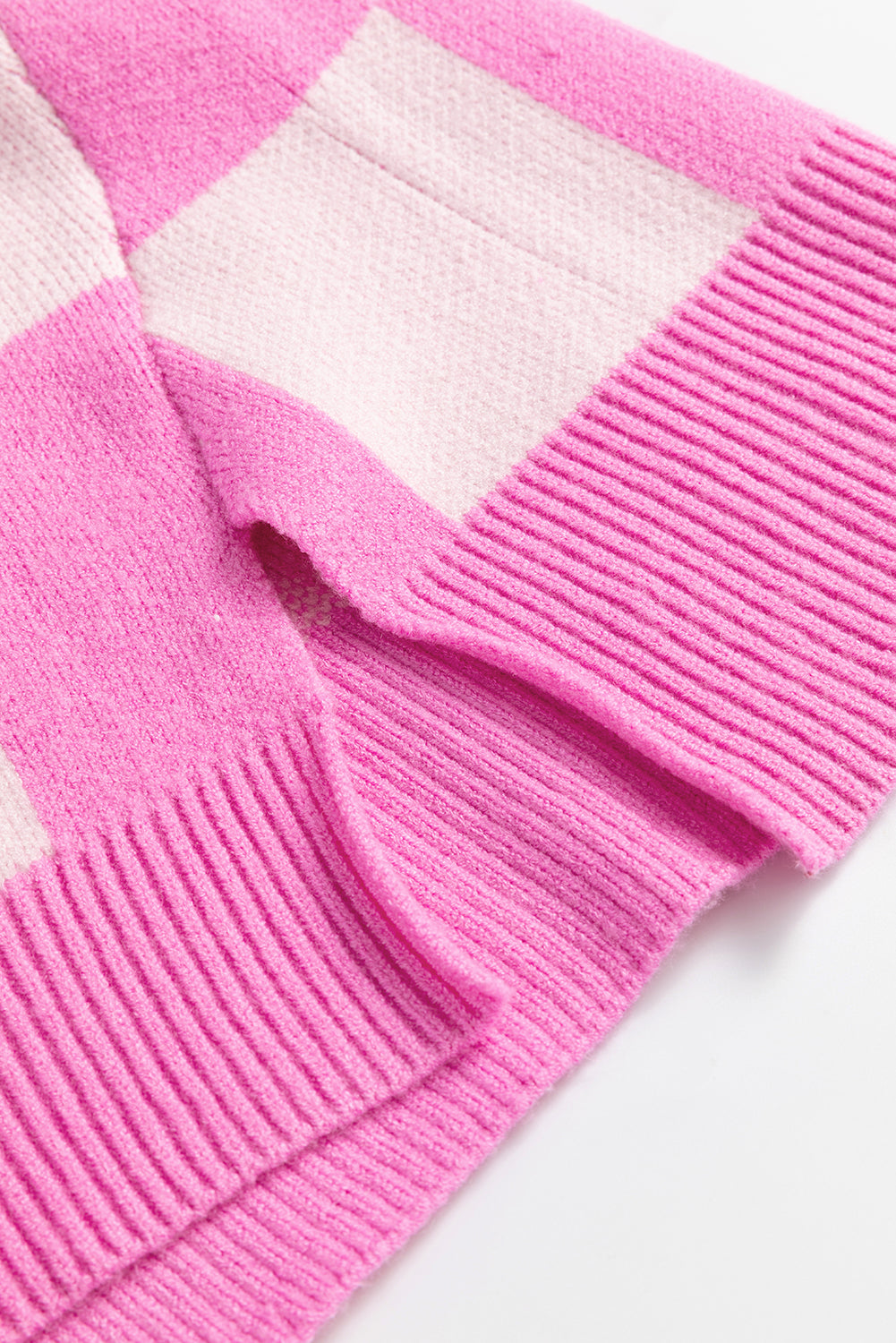 Pink Checkered Half Button Sweater