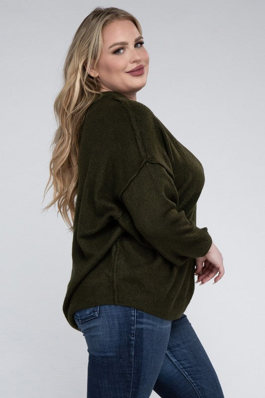 Oversized Round Neck Raw Seam Melange Sweater PLUS