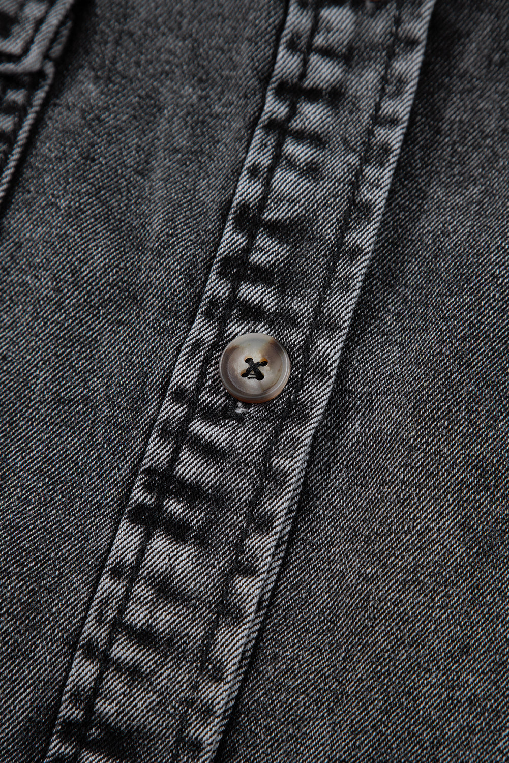 Black Short Sleeve Flap Pocket Button Up Raw Hem Denim Shirt