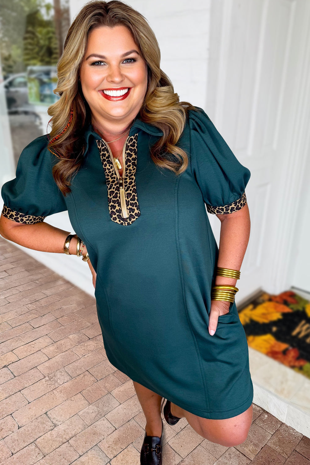 Sea Green Leopard Patchwork Detail Quarter Zip Collared Plus Size Mini Dress