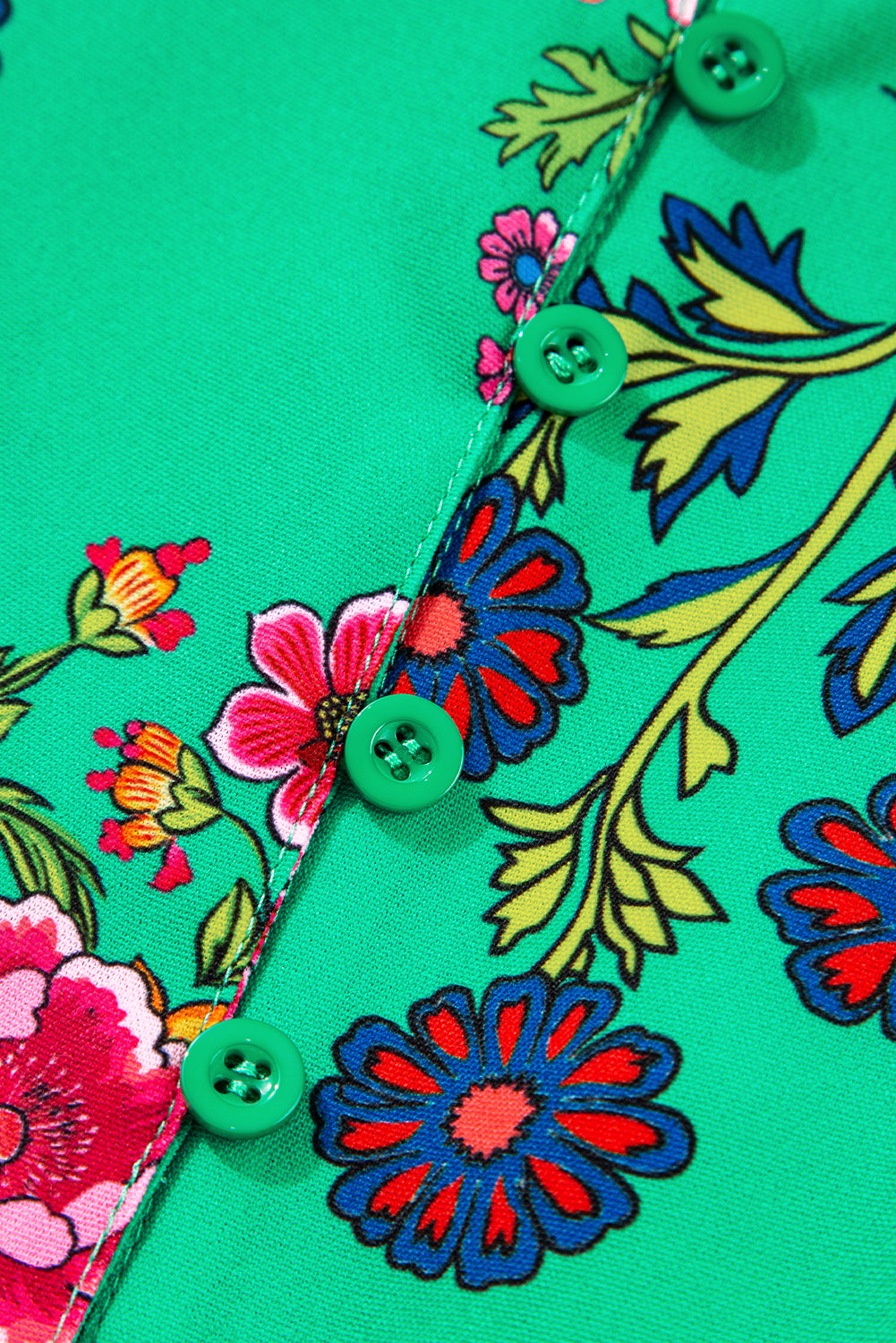 Green Floral Ruffled Three Quarter Sleeve Buttoned Mini Dress