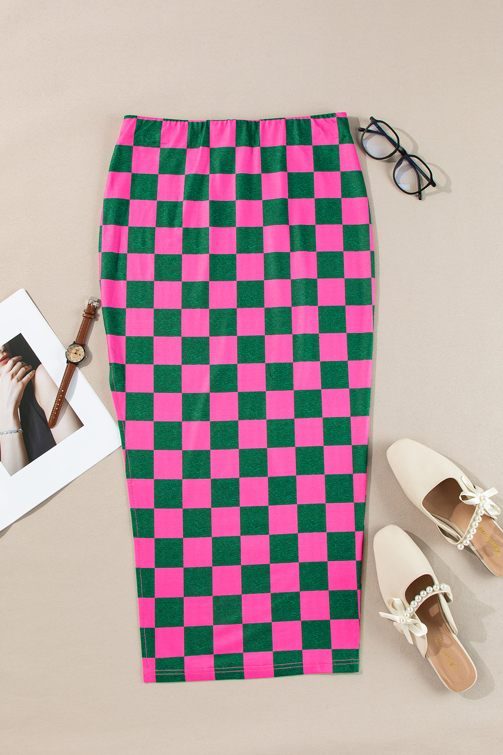 Rose Checkered High Waist Midi Skirt