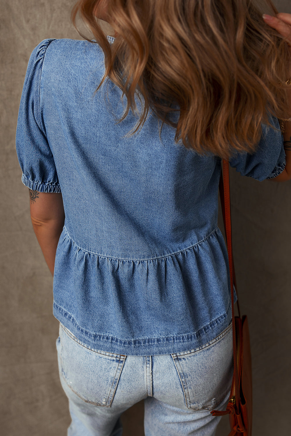 Tie Front Bubble Sleeve Denim Shirt